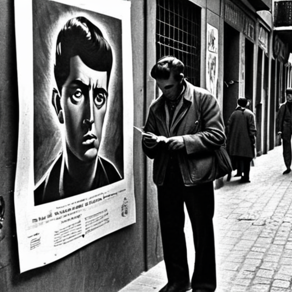 **

> Franco's Spain, 1960s, black and white, showing a crowded street scene with people looking somber. Subtle posters or graffiti hinting at underground resistance. A lone artist is sketching in the corner, a symbol of defiance. The atmosphere is oppressive but with hints of hope.

**