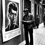 **

> Franco's Spain, 1960s, black and white, showing a crowded street scene with people looking somber. Subtle posters or graffiti hinting at underground resistance. A lone artist is sketching in the corner, a symbol of defiance. The atmosphere is oppressive but with hints of hope.

**