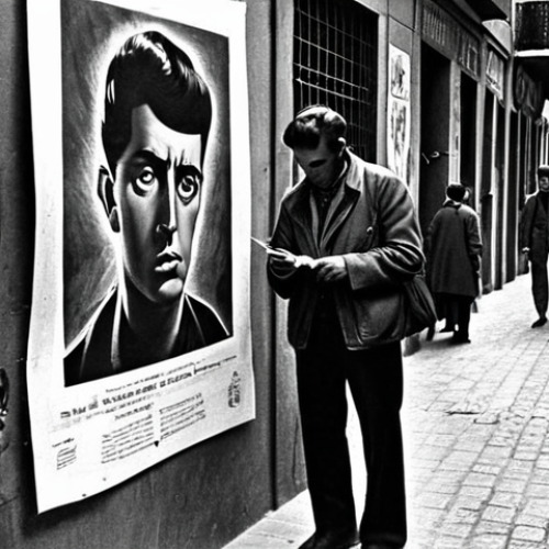Home 4 **
> Franco's Spain, 1960s, black and white, showing a crowded street scene with people looking somber. Subtle posters or graffiti hinting at underground resistance. A lone artist is sketching in the corner, a symbol of defiance. The atmosphere is oppressive but with hints of hope.
**
