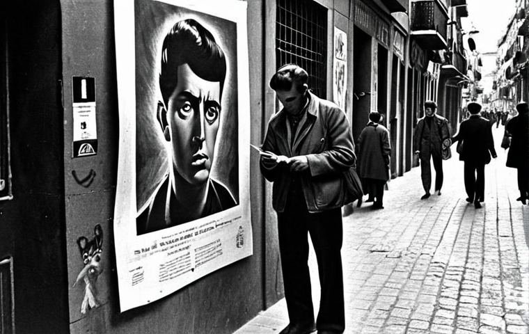 **
> Franco's Spain, 1960s, black and white, showing a crowded street scene with people looking somber. Subtle posters or graffiti hinting at underground resistance. A lone artist is sketching in the corner, a symbol of defiance. The atmosphere is oppressive but with hints of hope.
**